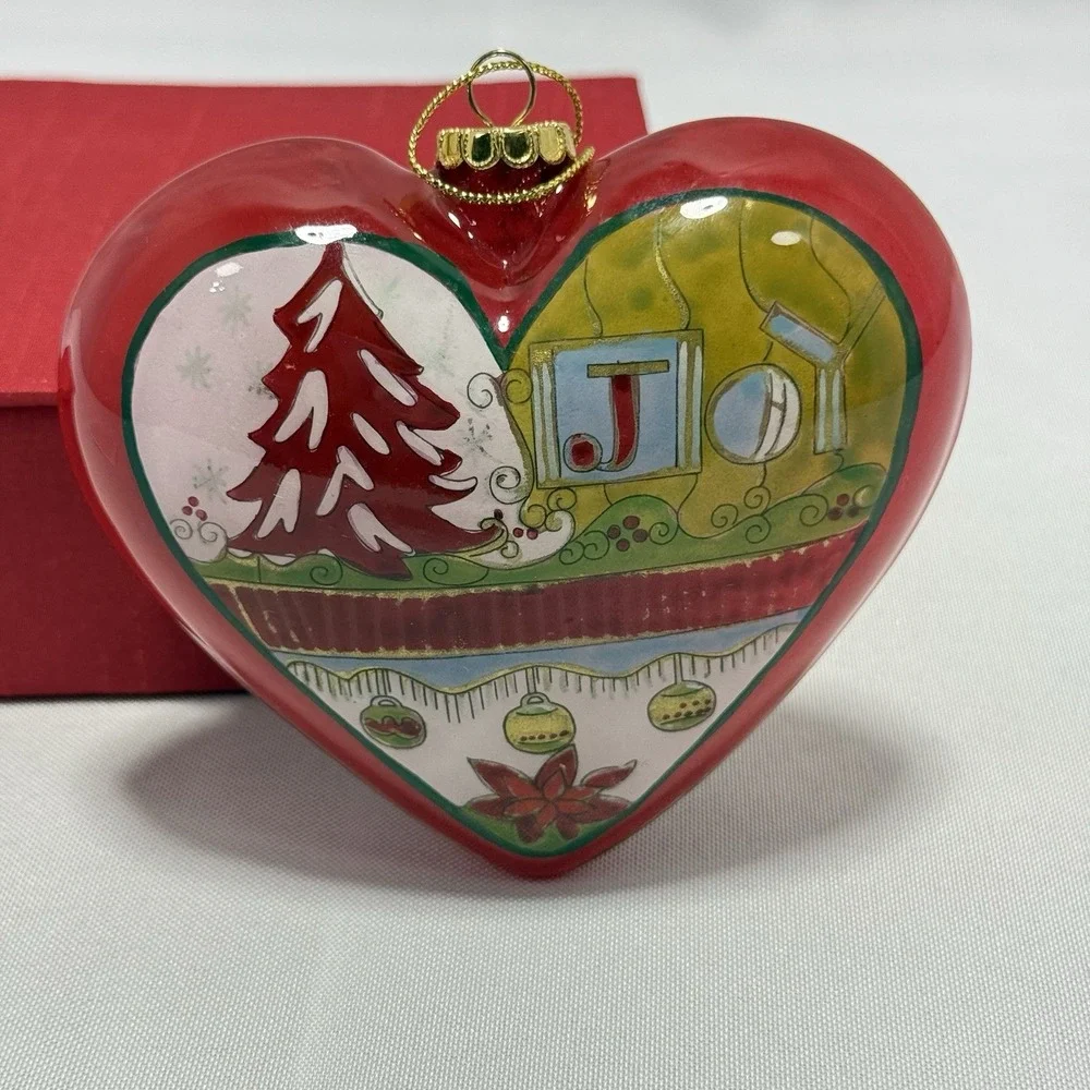 2008 Pier 1 Imports Heart Glass Christmas‎ Ornament Red NOEL Hand Painted Floral